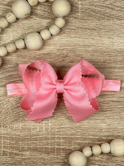 4.5 inch pink classic scalloped hair bow on satin headband