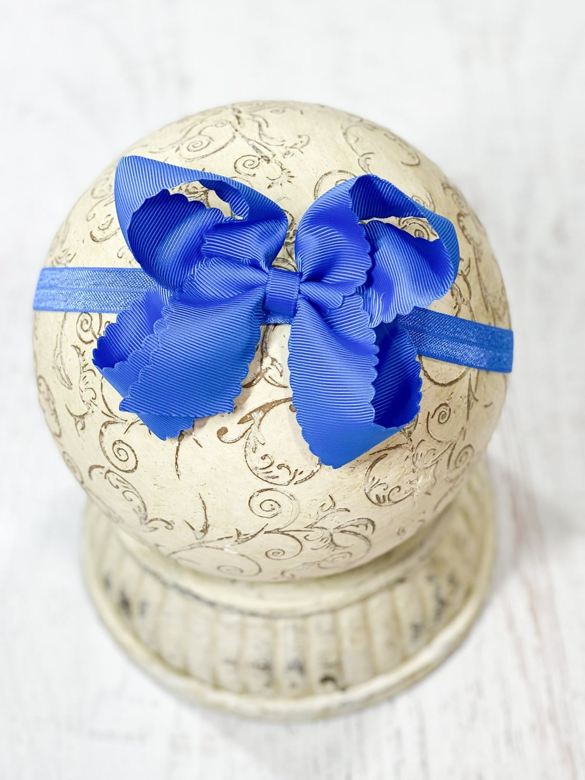 4.5 inch royal blue classic scalloped hair bow on satin headband