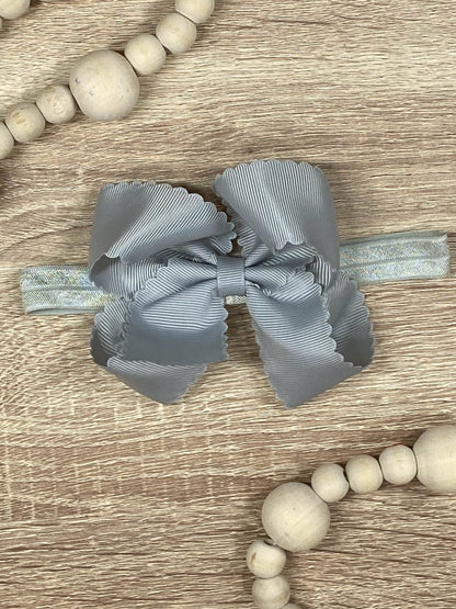 4.5 inch silver classic scalloped hair bow on satin headband