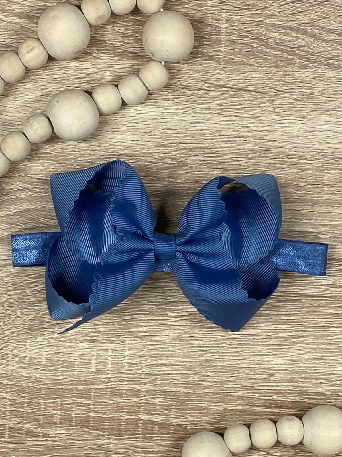 4.5 inch smoke blue classic scalloped hair bow on satin headband