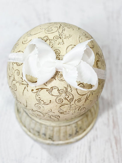 4.5 inch white classic scalloped hair bow on satin headband