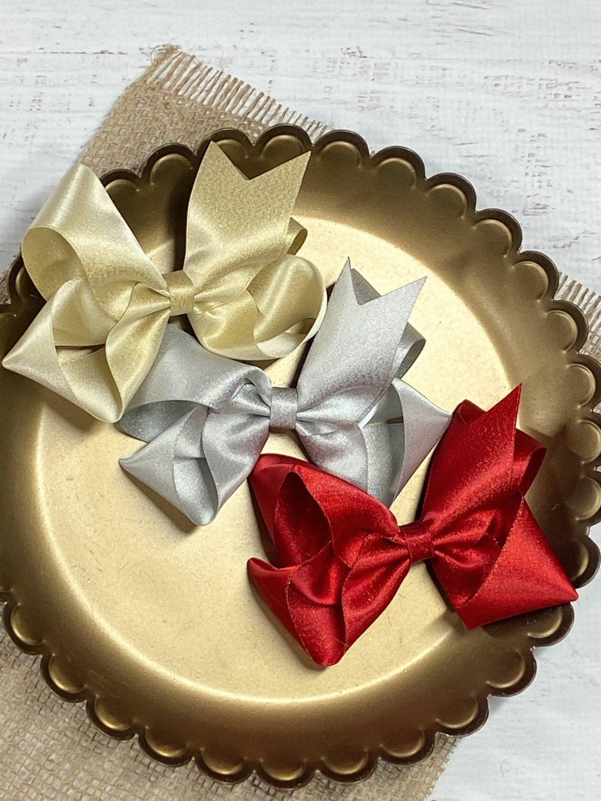 4.5 inch shimmer satin hair bows in gold, silver and red