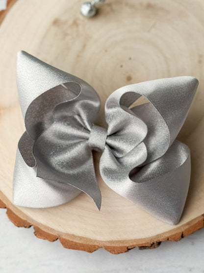 4.5 inch silver shimmer satin hair bow on alligator clip