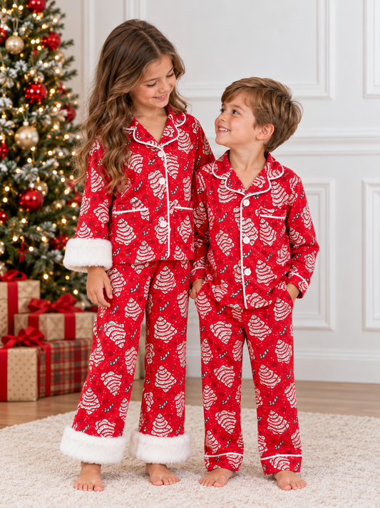 Red Christmas tree cake matching pajama sets with white piping and fluffy white cuff and hem trim