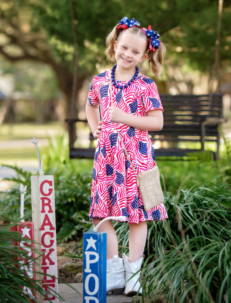 Red, White & Blue American Flags Collage Twirl Dress-On Model