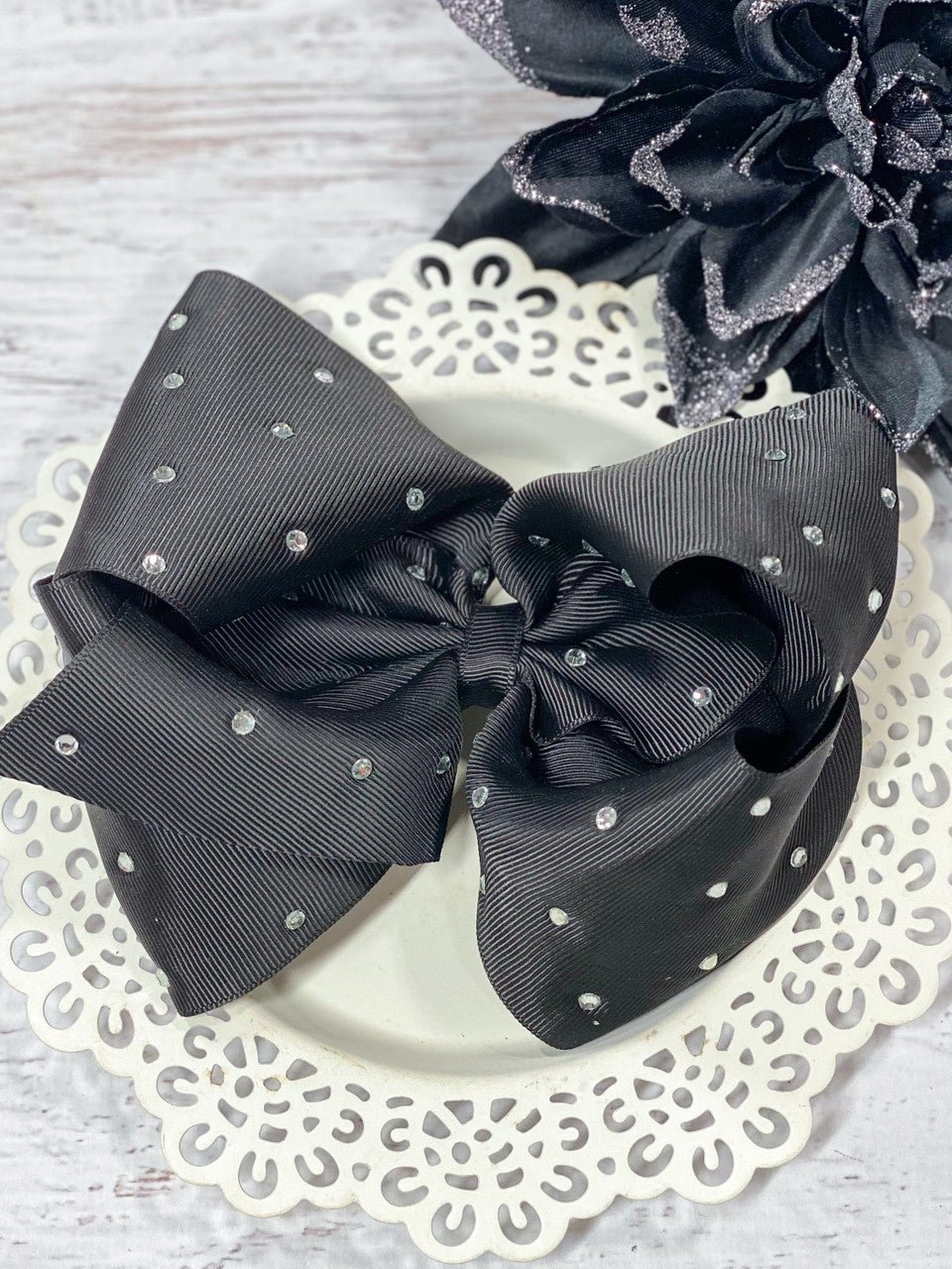 5.5 inch black clear rhinestone hair bow