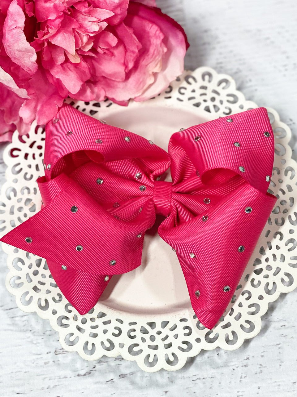 5.5 inch hot pink clear rhinestone hair bow