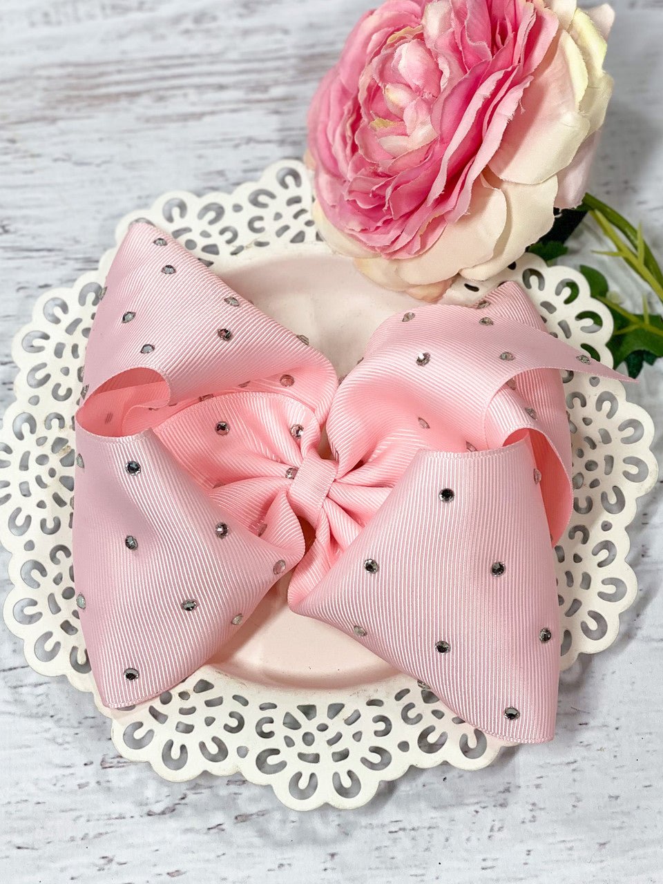 5.5 inch light pink clear rhinestone hair bow
