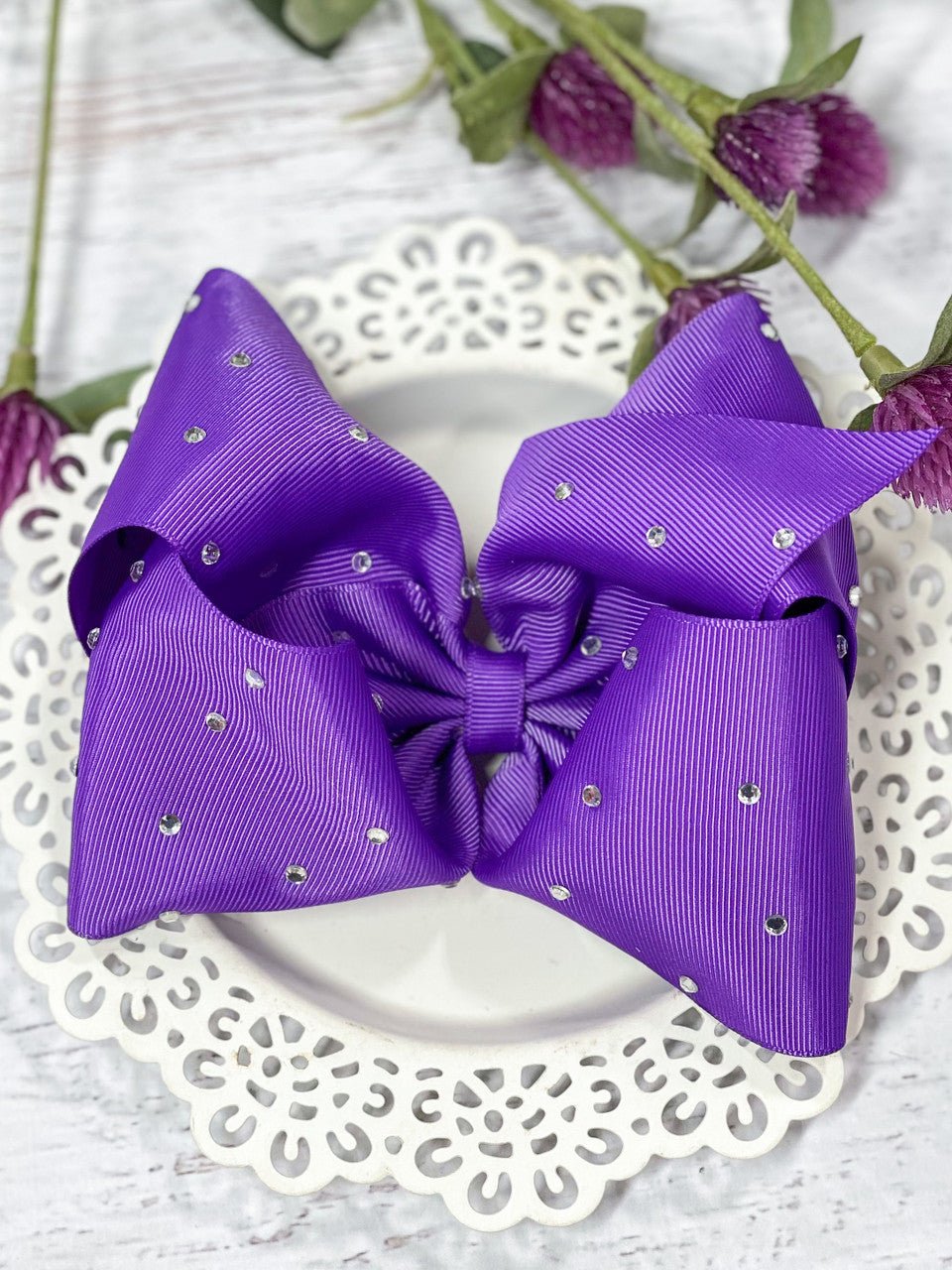5.5 inch purple clear rhinestone hair bow