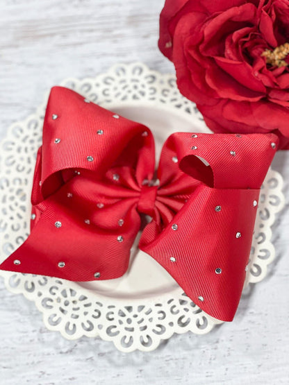 5.5 inch red clear rhinestone hair bow