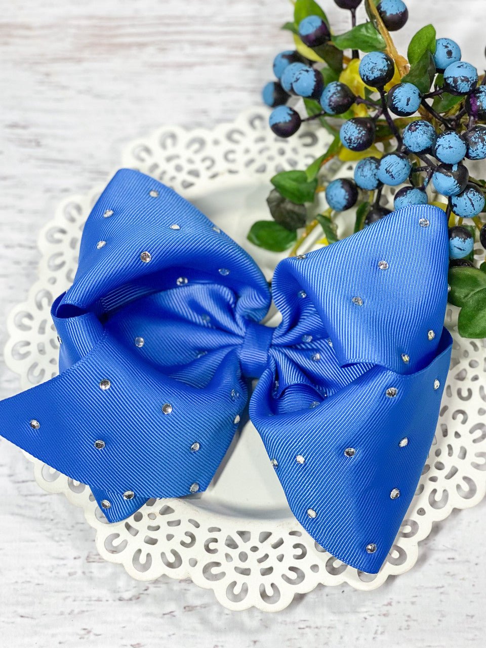 5.5 inch royal blue clear rhinestone hair bow