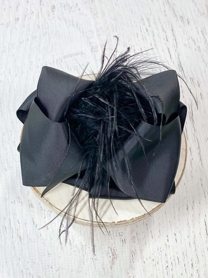 5.5 inch black feather puff looped knot hair bow