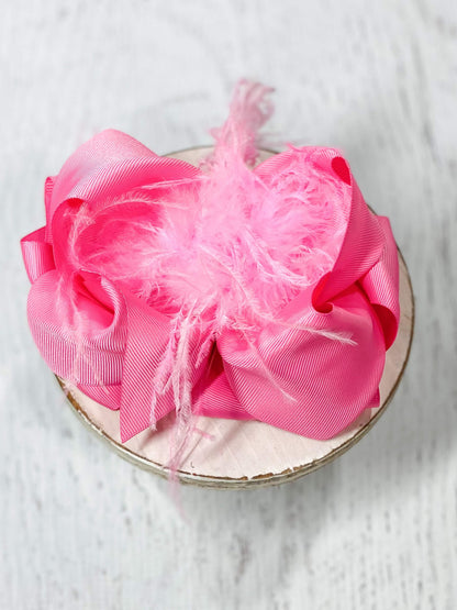 5.5 inch pink feather puff looped knot hair bow