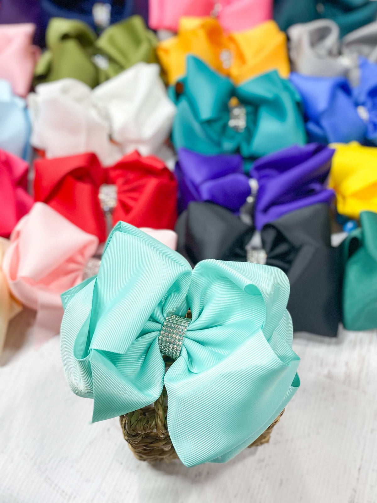 5.5 inch aqua oversize rhinestone center knot hair bow