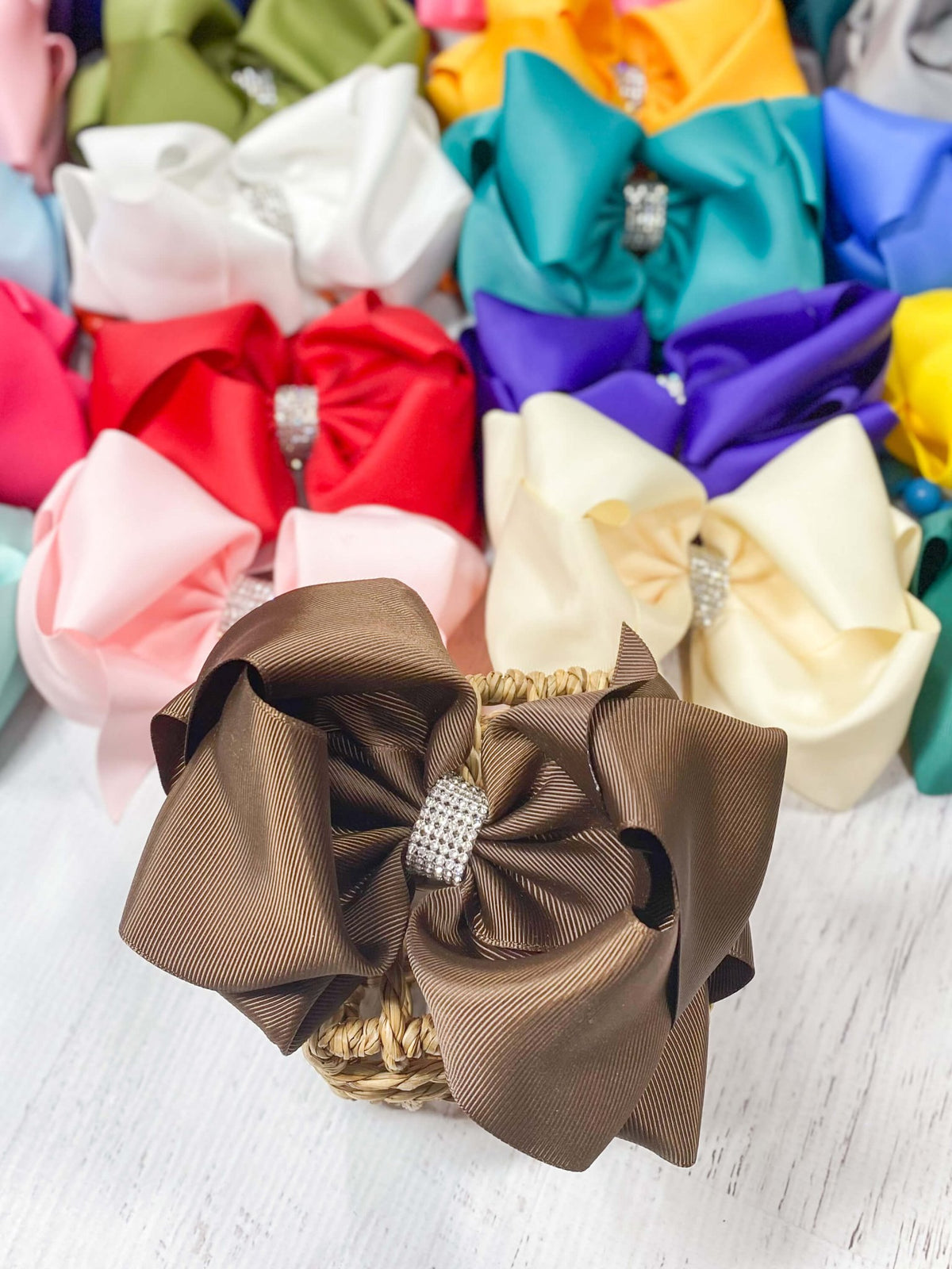 5.5 inch chocolate oversize rhinestone center knot hair bow