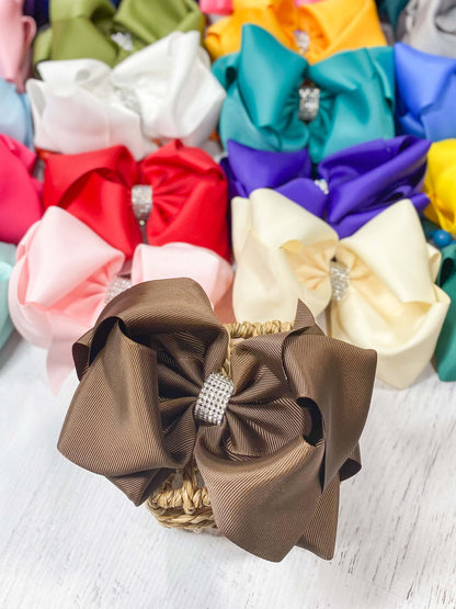 5.5 inch chocolate oversize rhinestone center knot hair bow
