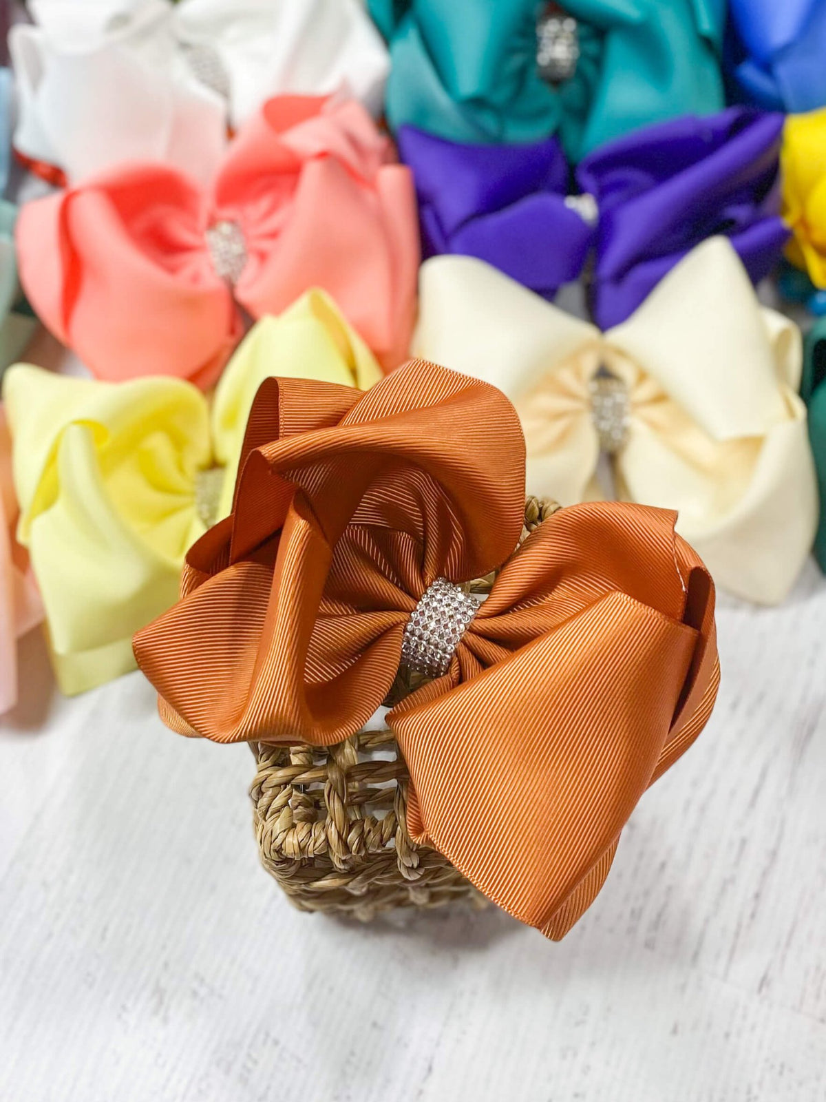 5.5 inch copper oversize rhinestone center knot hair bow