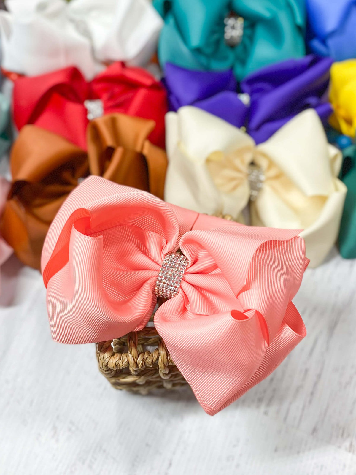 5.5 inch coral oversize rhinestone center knot hair bow