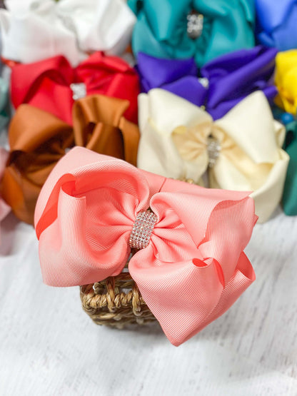 5.5 inch coral oversize rhinestone center knot hair bow