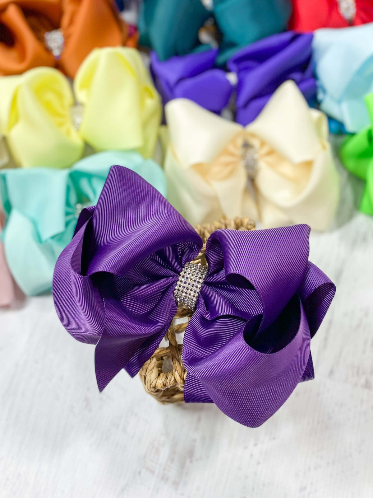 5.5 inch eggplant oversize rhinestone center knot hair bow