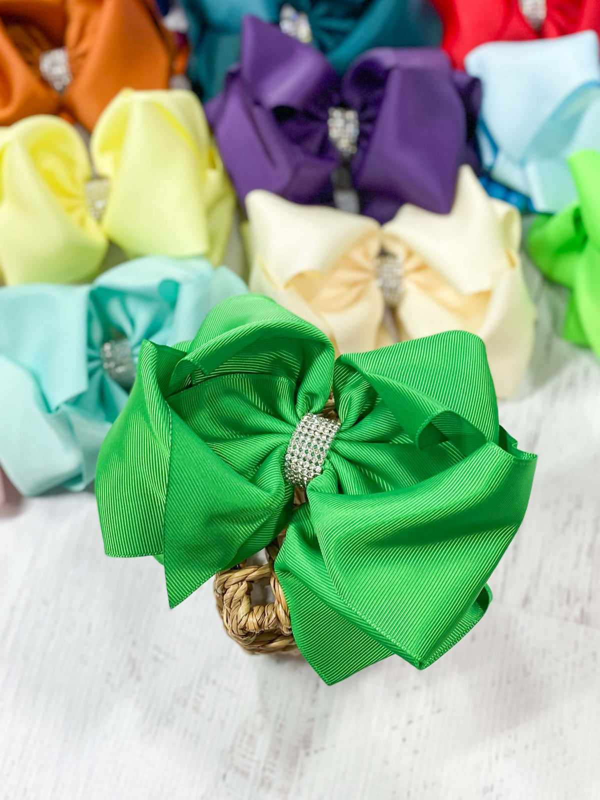 5.5 inch emerald oversize rhinestone center knot hair bow