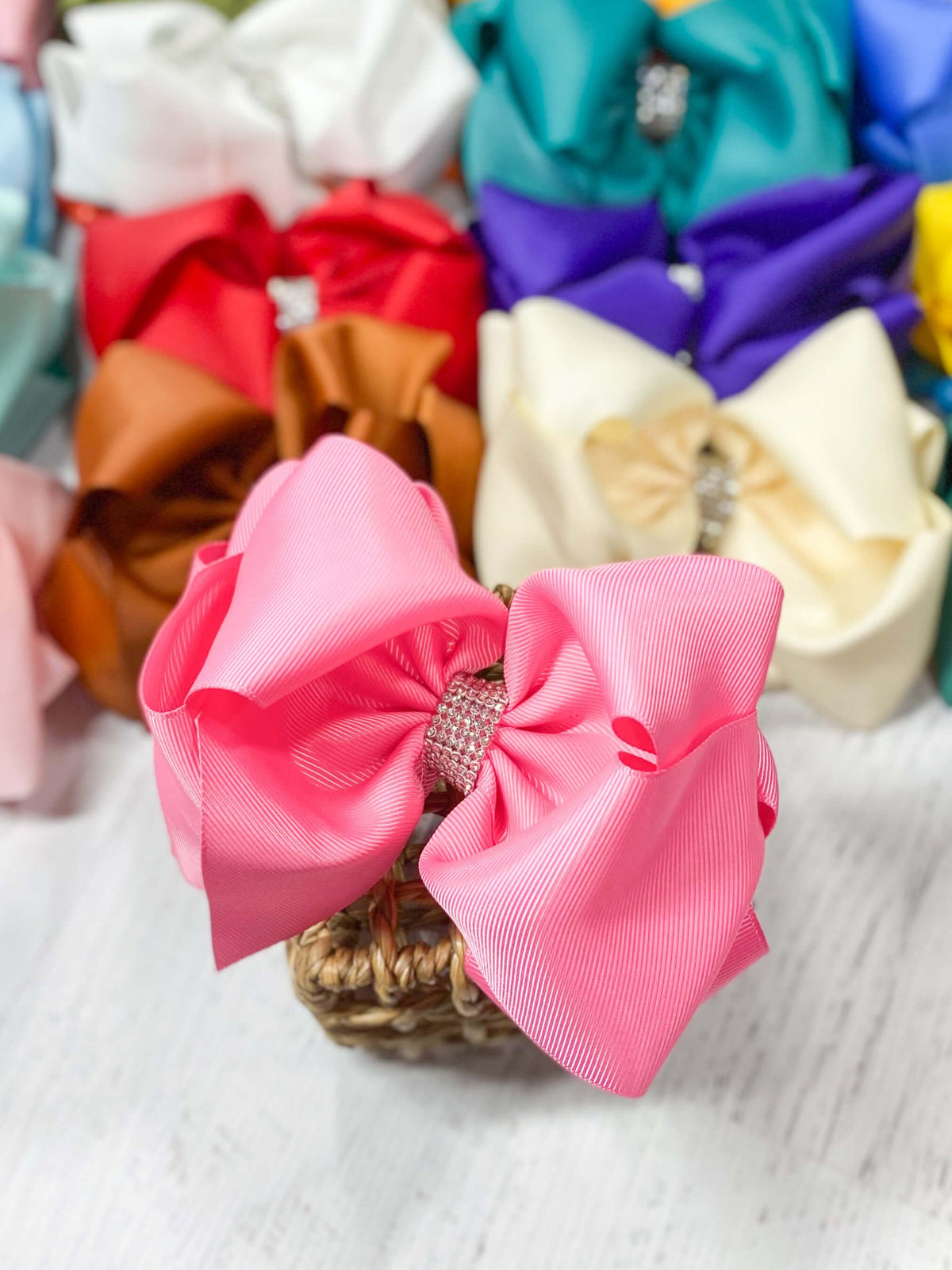 5.5 inch French pink oversize rhinestone center knot hair bow