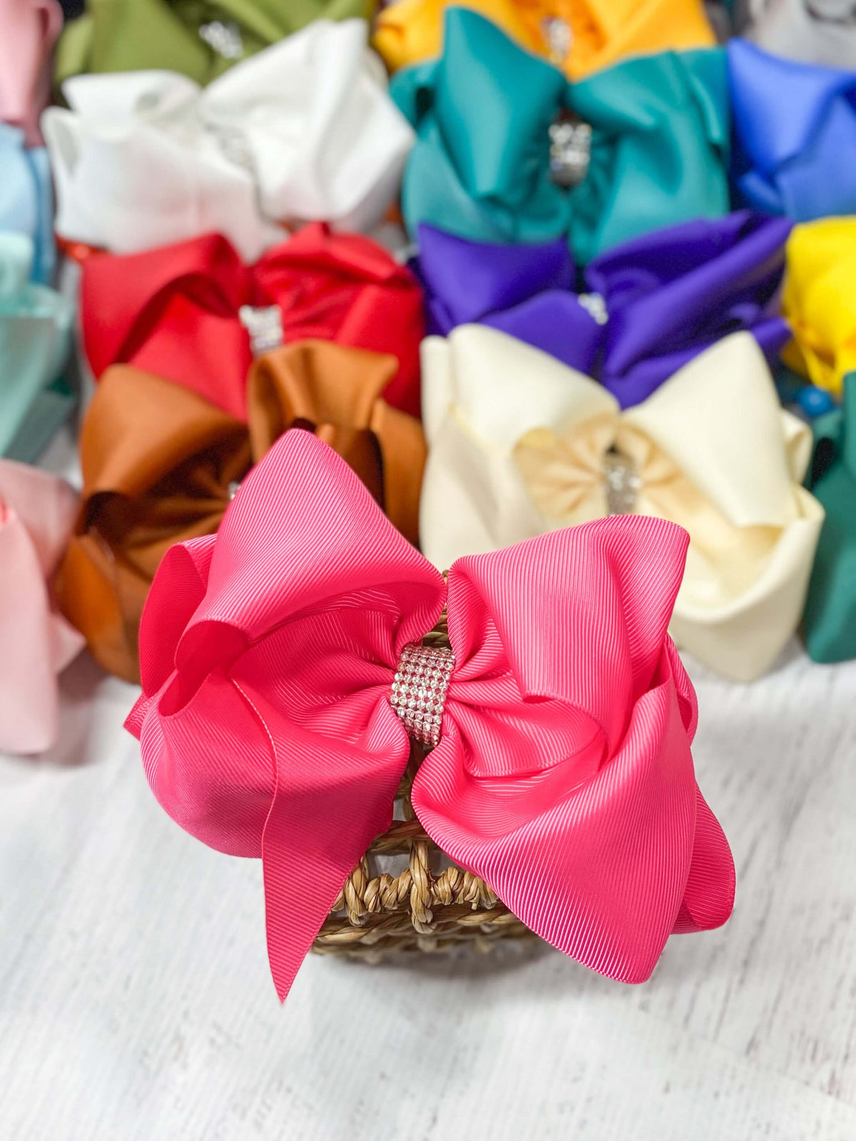5.5 inch hot pink oversize rhinestone center knot hair bow