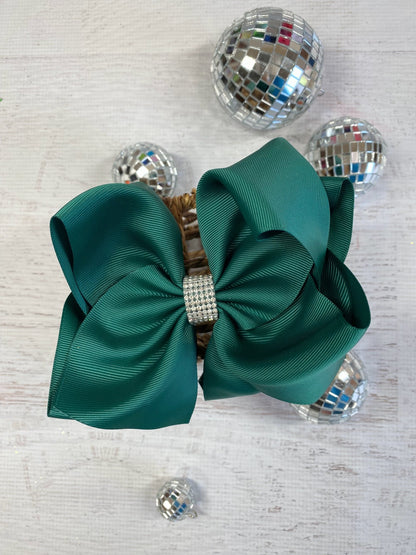 5.5 inch hunter green oversize rhinestone center knot hair bow