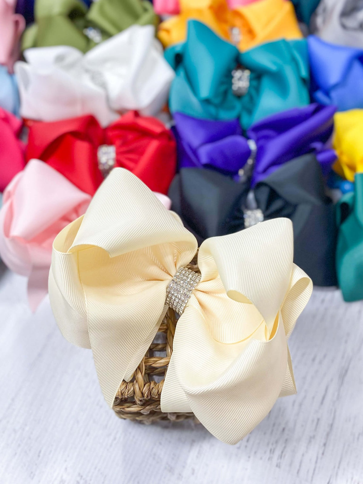 5.5 inch ivory oversize rhinestone center knot hair bow