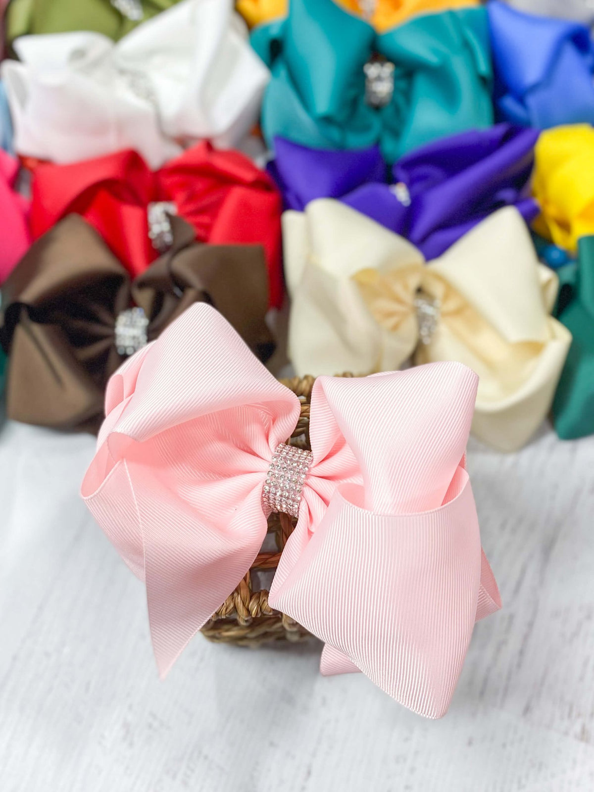 5.5 inch light pink oversize rhinestone center knot hair bow