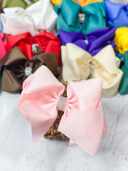 5.5 inch light pink oversize rhinestone center knot hair bow