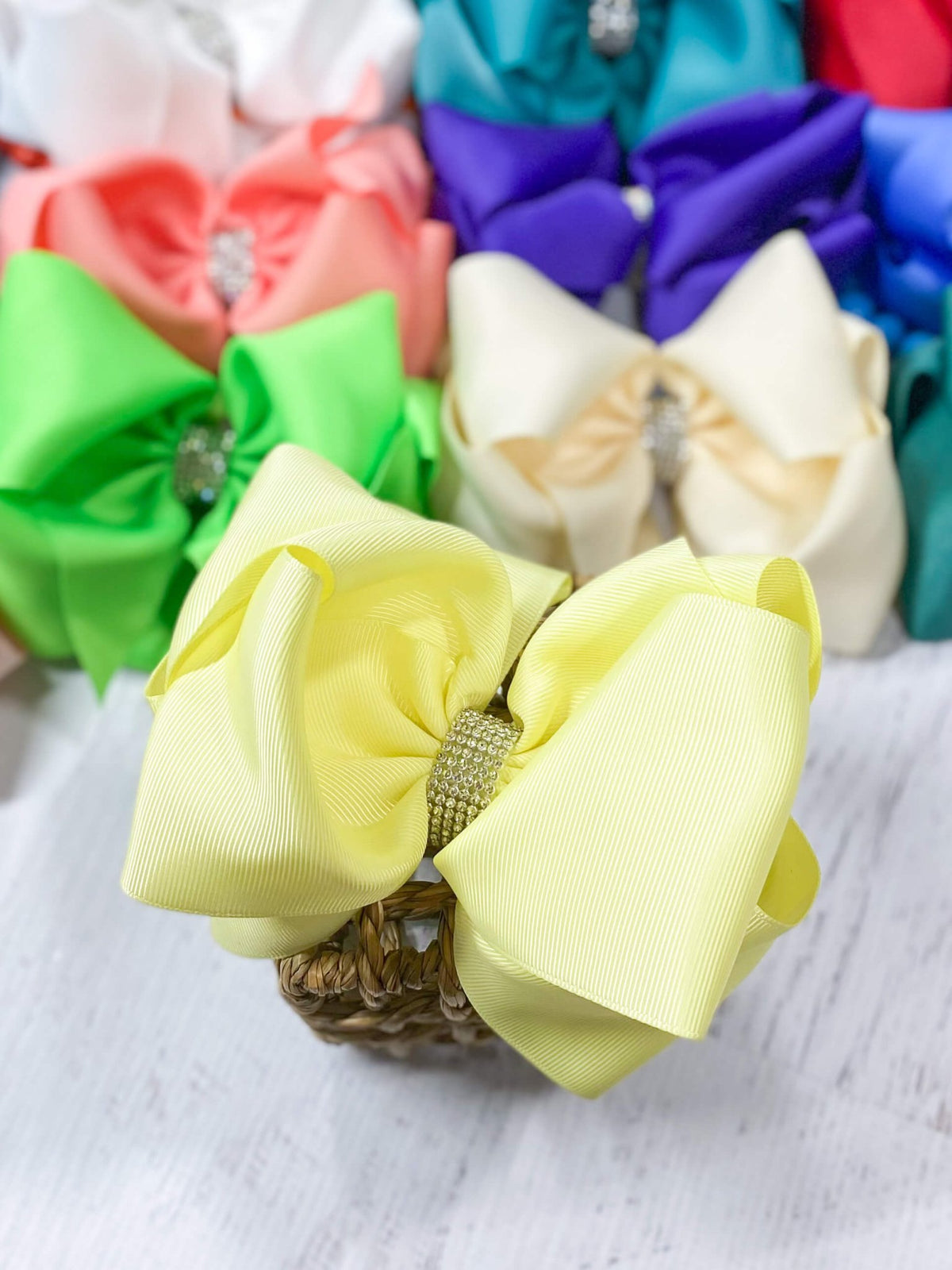 5.5 inch light yellow oversize rhinestone center knot hair bow
