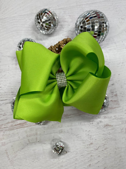5.5 inch lime green oversize rhinestone center knot hair bow