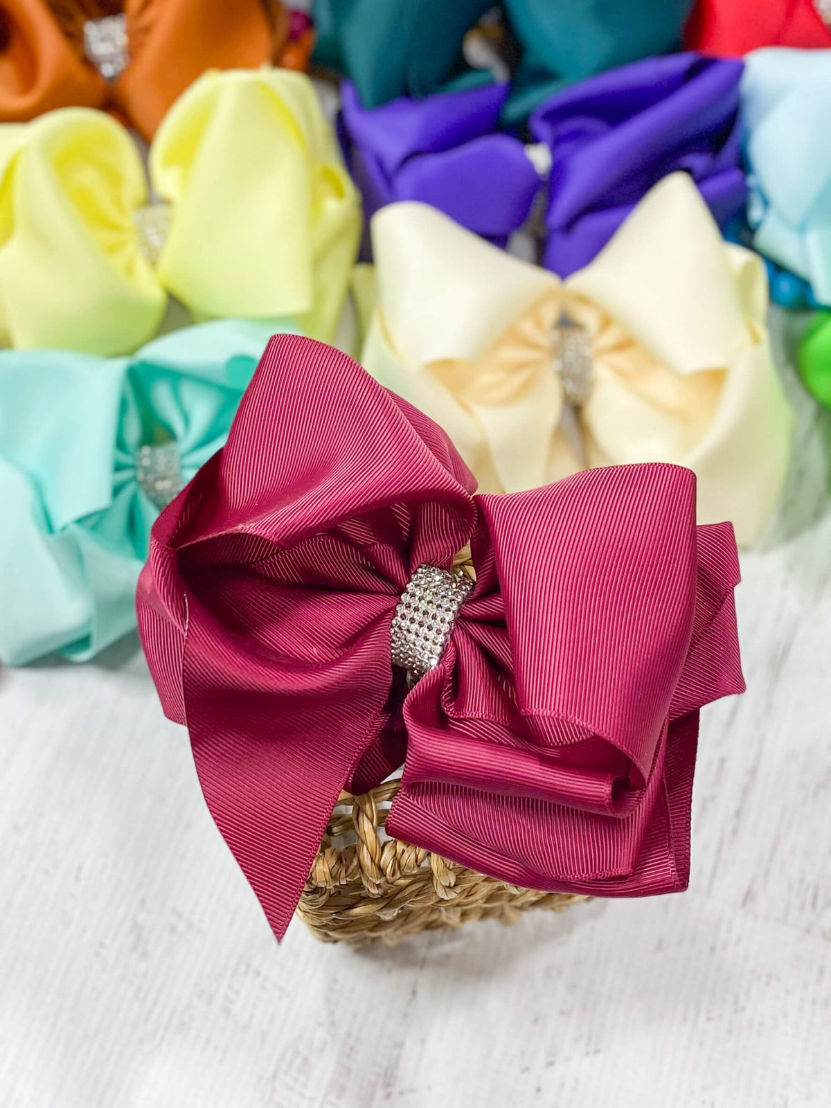 5.5 inch maroon oversize rhinestone center knot hair bow