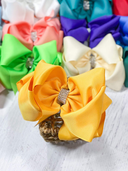 5.5 inch mustard oversize rhinestone center knot hair bow