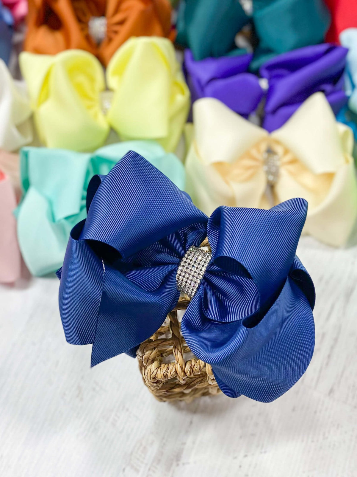5.5 inch navy oversize rhinestone center knot hair bow