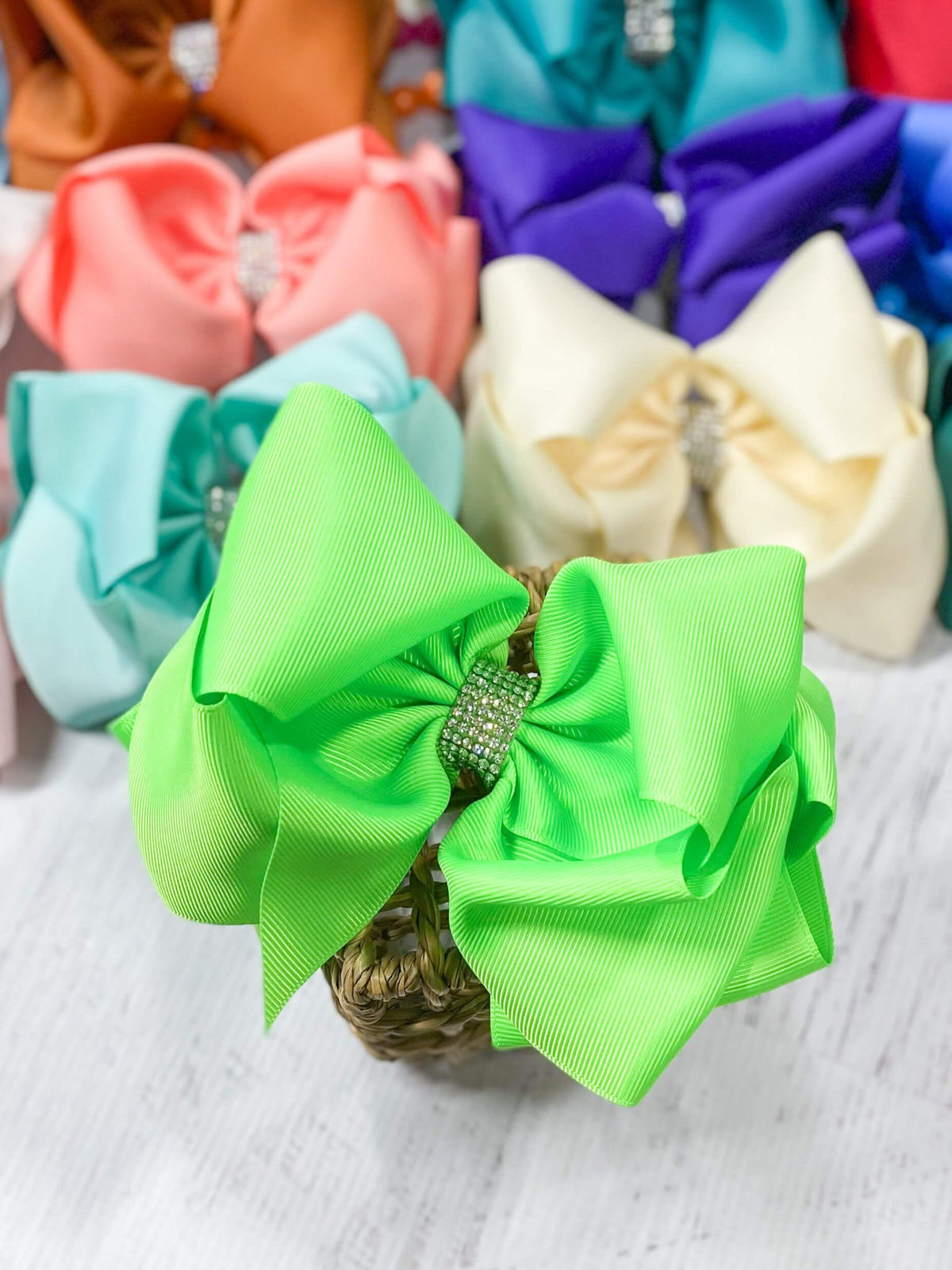 5.5 inch neon green oversize rhinestone center knot hair bow