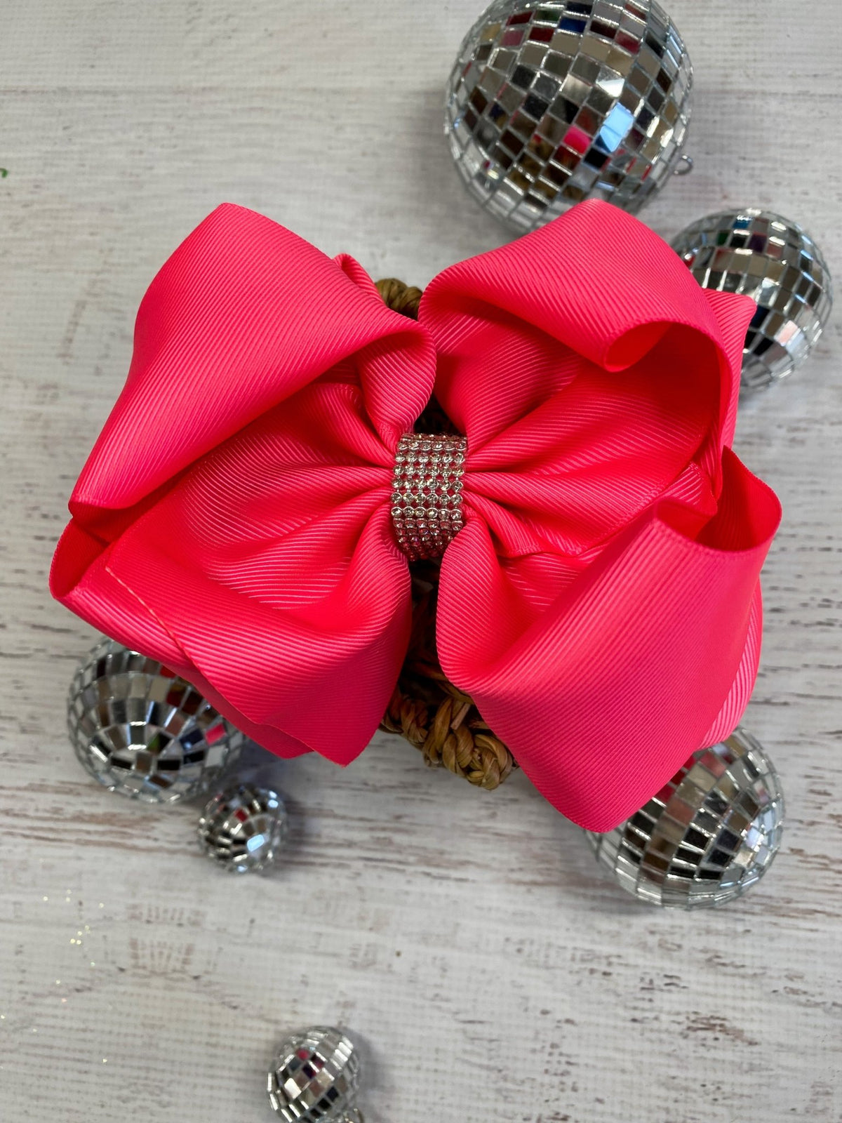 5.5 inch neon pink oversize rhinestone center knot hair bow