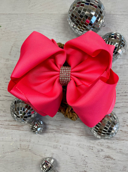5.5 inch neon pink oversize rhinestone center knot hair bow