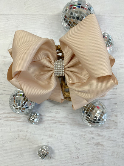 5.5 inch oatmeal oversize rhinestone center knot hair bow