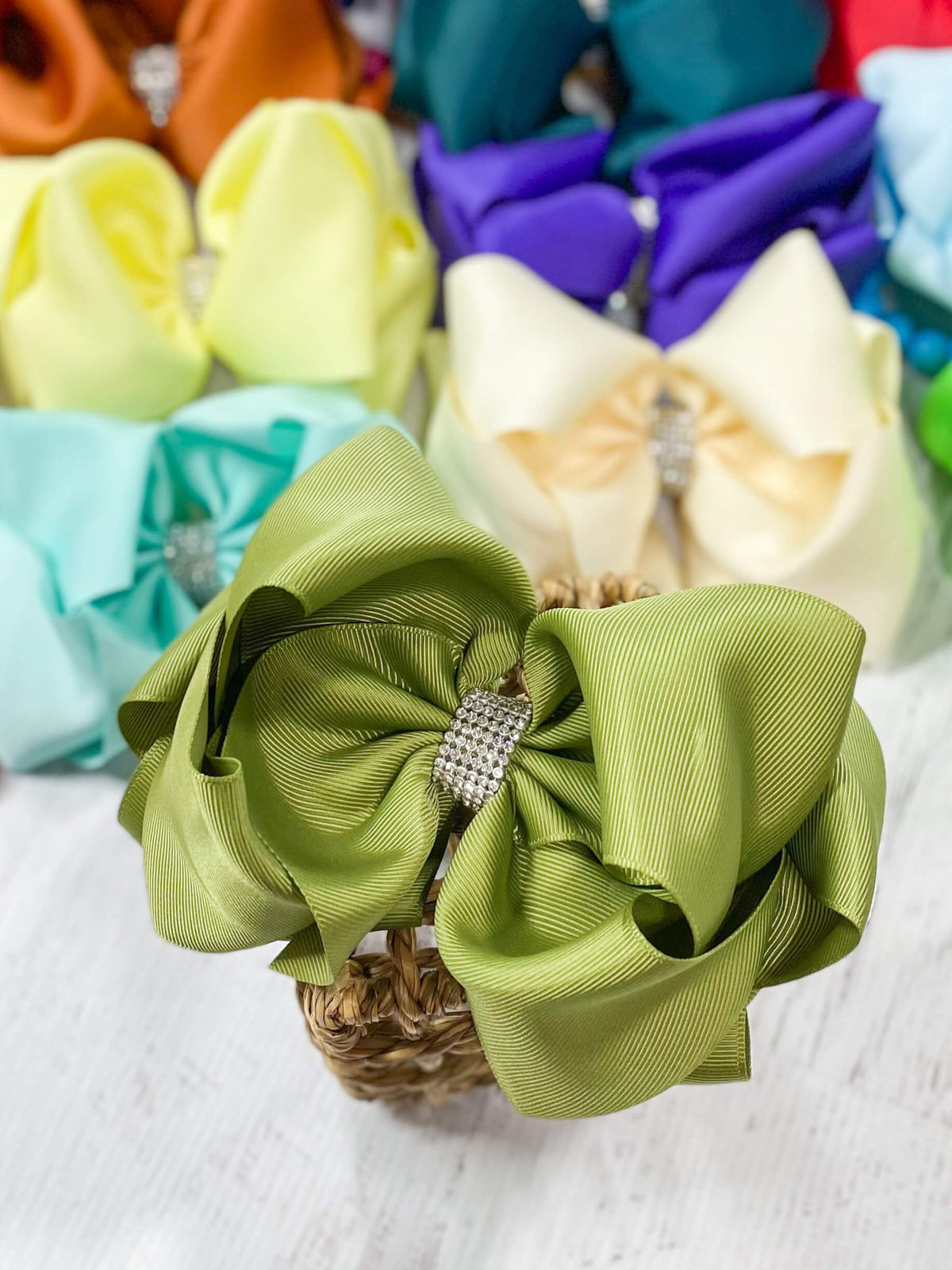 5.5 inch olive oversize rhinestone center knot hair bow