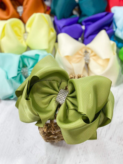 5.5 inch olive oversize rhinestone center knot hair bow