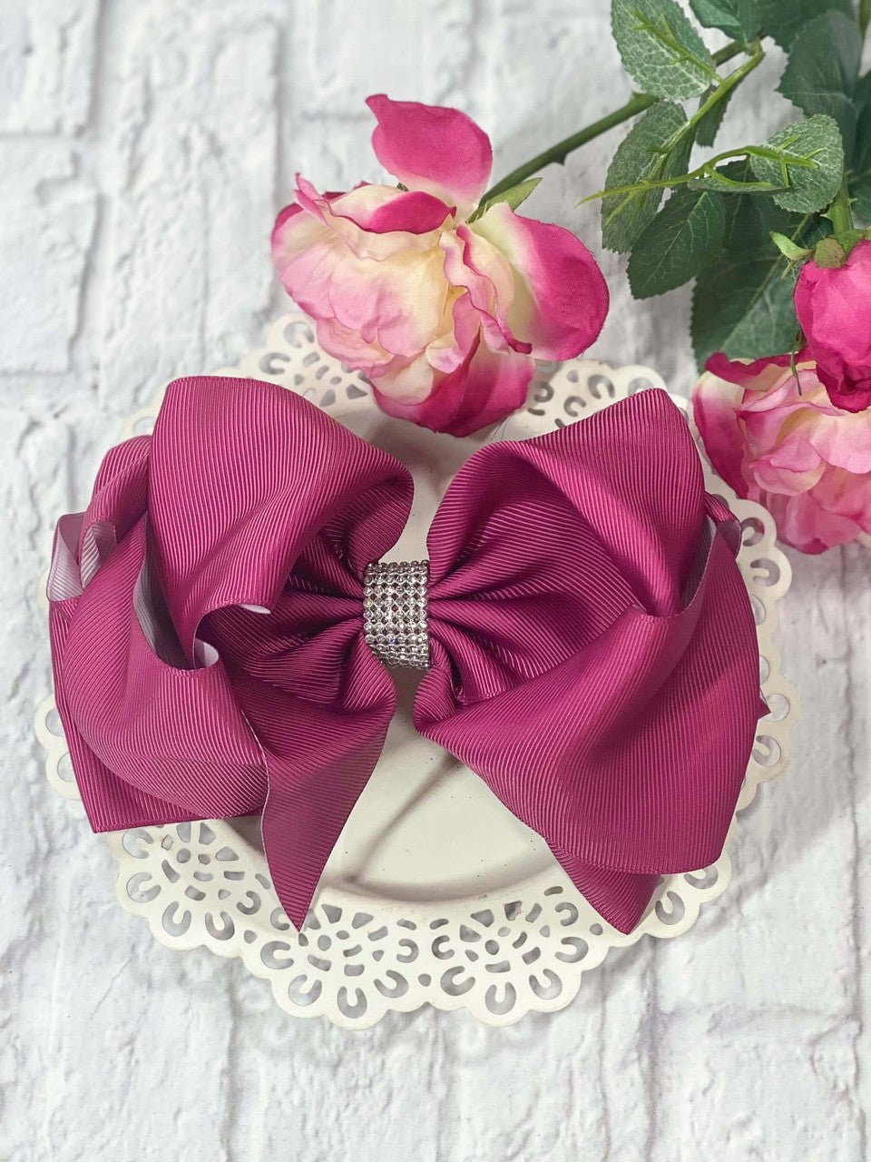 5.5 inch plum oversize rhinestone center knot hair bow
