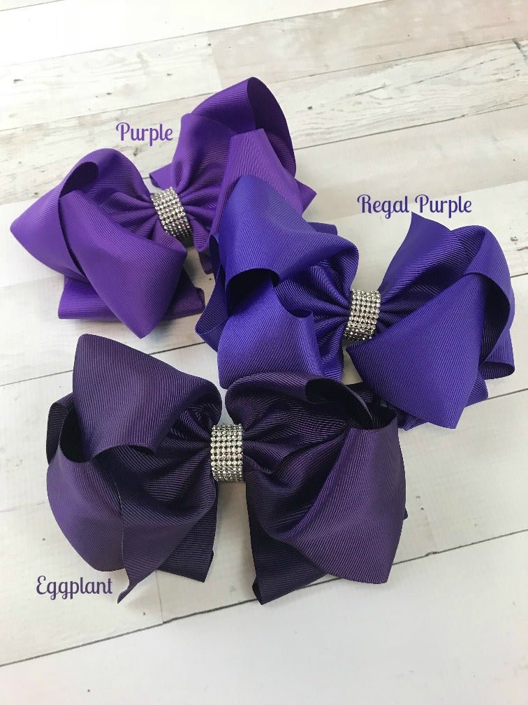 5.5 inch purple oversize rhinestone center knot hair bow