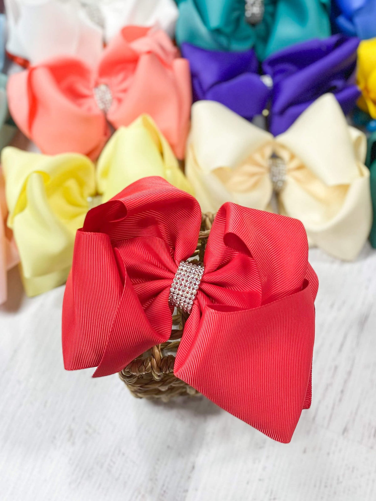 5.5 inch red oversize rhinestone center knot hair bow