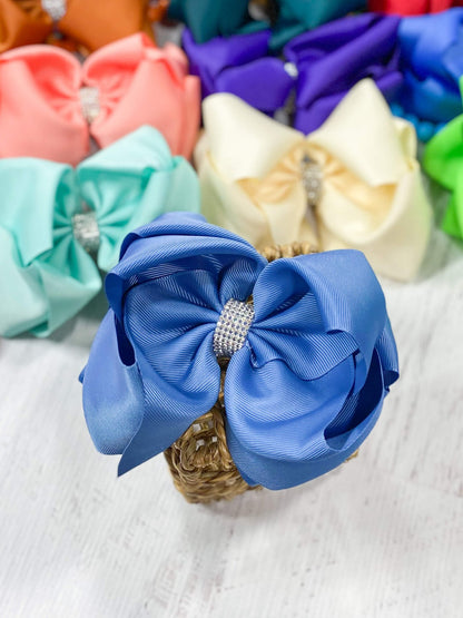 5.5 inch smoke blue oversize rhinestone center knot hair bow