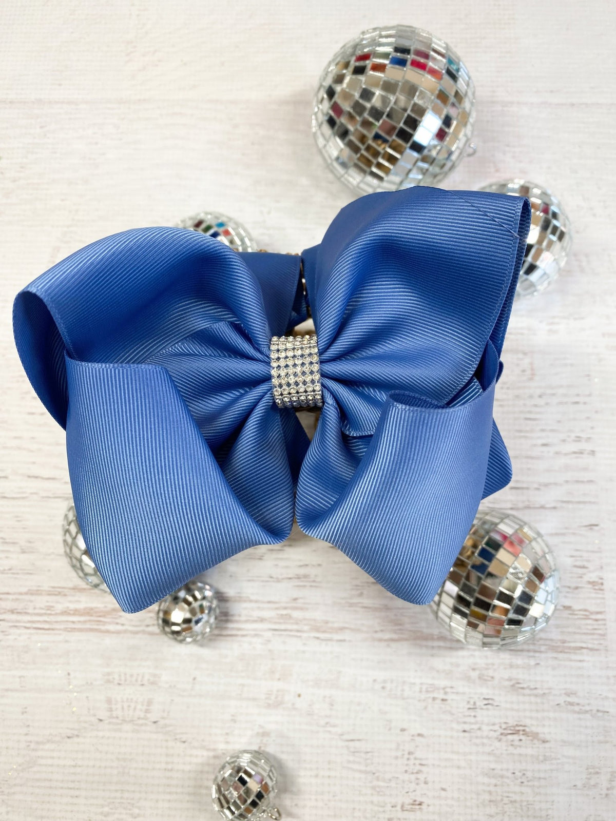 5.5 inch smoke blue oversize rhinestone center knot hair bow