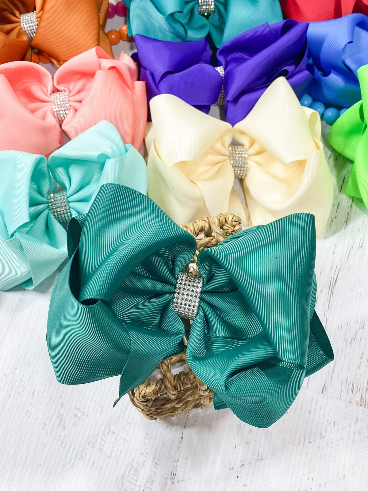 5.5 inch teal oversize rhinestone center knot hair bow
