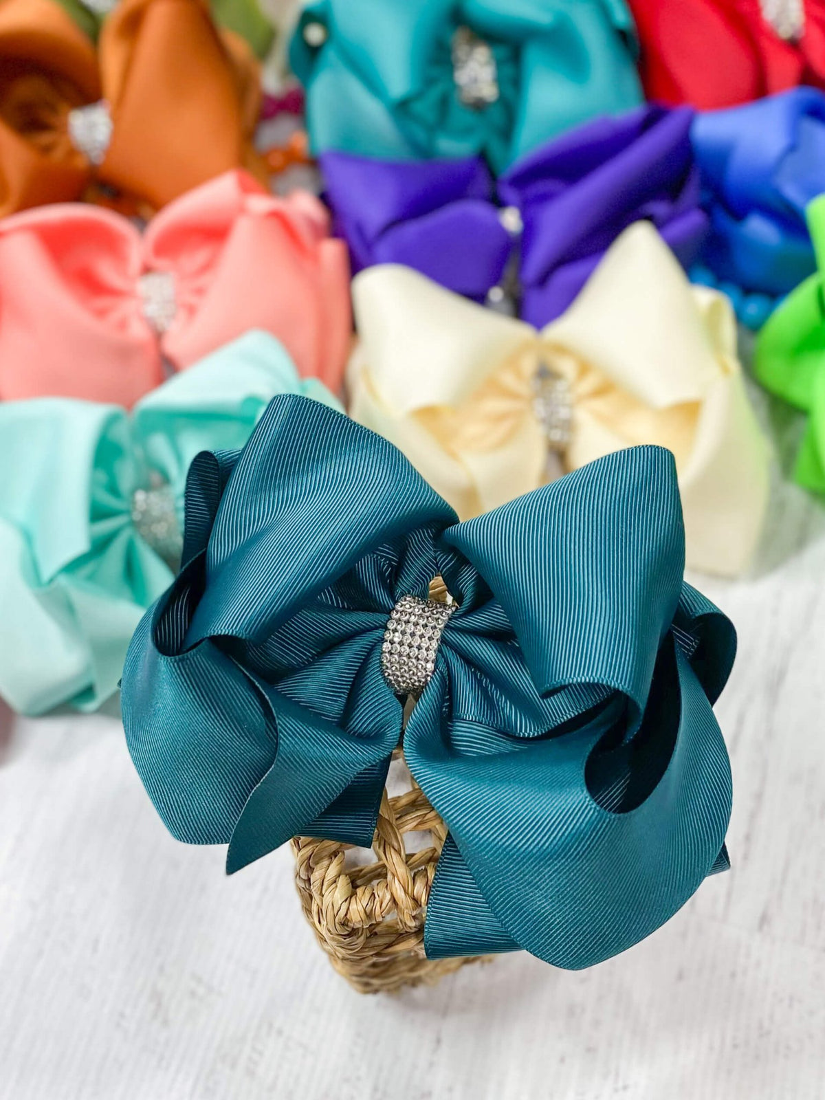 5.5 inch teal oversize rhinestone center knot hair bow