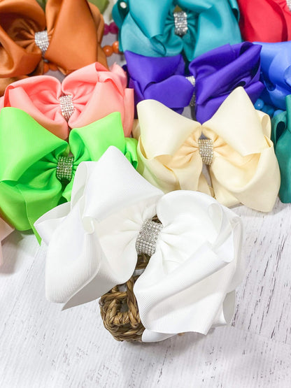 5.5 inch white oversize rhinestone center knot hair bow